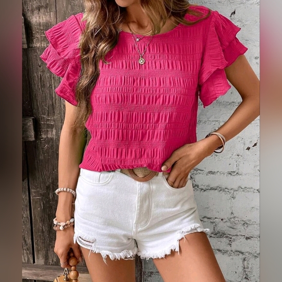 New Chic Textured Stripe Flutter Sleeve Top Blouse Hot Pink - Picture 1 of 9